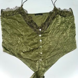 army green lace satin button up tank